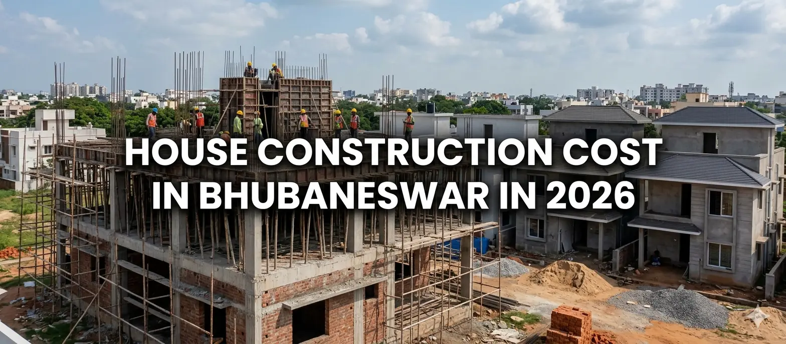 An active residential house construction site in Bhubaneswar showing the building structure, labor workers, and building materials with overlay text House Construction Cost in Bhubaneswar in 2026.