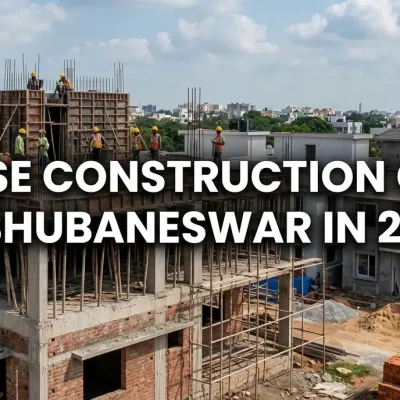 An active residential house construction site in Bhubaneswar showing the building structure, labor workers, and building materials with overlay text House Construction Cost in Bhubaneswar in 2026.